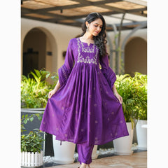 Women's Rayon Slub Flared Embroidered Kurta with Pant & Chanderi Cotton Hand Printed Dupatta Set
