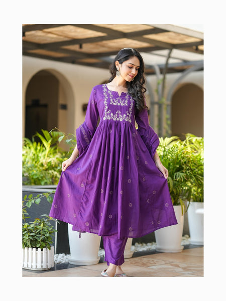 Women's Rayon Slub Flared Embroidered Kurta with Pant & Chanderi Cotton Hand Printed Dupatta Set