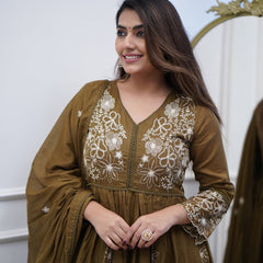 Women's Cotton Silk Embroidered Gown Pant & Chanderi Cotton Dupatta Set