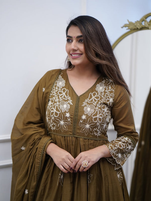 Women's Cotton Silk Embroidered Gown Pant & Chanderi Cotton Dupatta Set