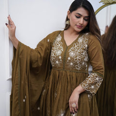 Women's Cotton Silk Embroidered Gown Pant & Chanderi Cotton Dupatta Set