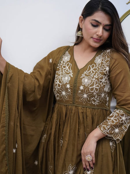 Women's Cotton Silk Embroidered Gown Pant & Chanderi Cotton Dupatta Set