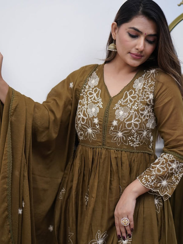 Women's Cotton Silk Embroidered Gown Pant & Chanderi Cotton Dupatta Set