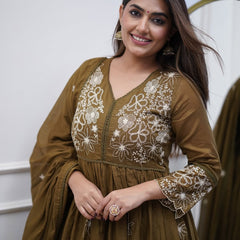 Women's Cotton Silk Embroidered Gown Pant & Chanderi Cotton Dupatta Set