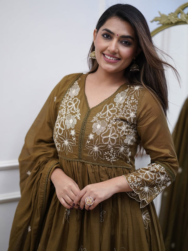 Women's Cotton Silk Embroidered Gown Pant & Chanderi Cotton Dupatta Set