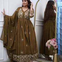 Women's Cotton Silk Embroidered Gown Pant & Chanderi Cotton Dupatta Set