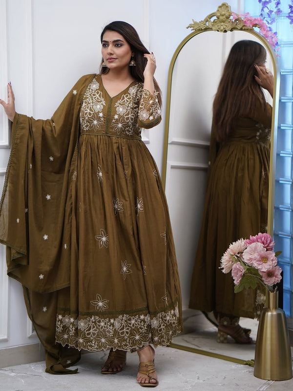 Women's Cotton Silk Embroidered Gown Pant & Chanderi Cotton Dupatta Set