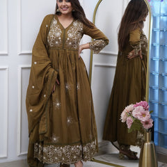 Women's Cotton Silk Embroidered Gown Pant & Chanderi Cotton Dupatta Set