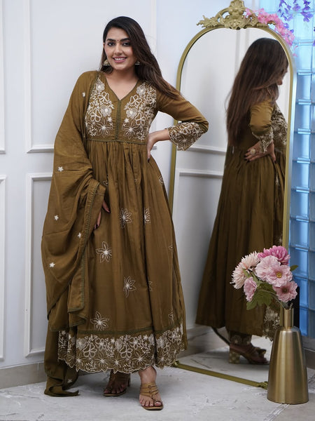 Women's Cotton Silk Embroidered Gown Pant & Chanderi Cotton Dupatta Set