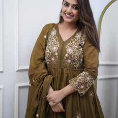 Women's Cotton Silk Embroidered Gown Pant & Chanderi Cotton Dupatta Set