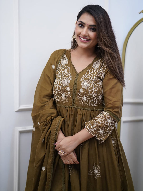Women's Cotton Silk Embroidered Gown Pant & Chanderi Cotton Dupatta Set