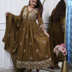 Women's Cotton Silk Embroidered Gown Pant & Chanderi Cotton Dupatta Set