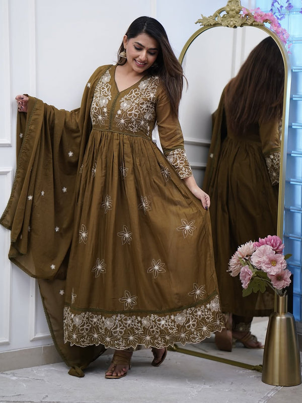 Women's Cotton Silk Embroidered Gown Pant & Chanderi Cotton Dupatta Set