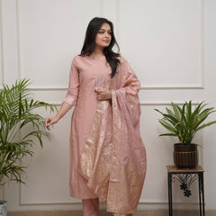 Women's PV Chanderi Embroidered Kurta with Pant & Cotton Jacquard Dupatta Set