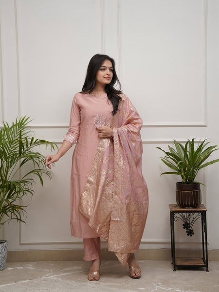 Women's PV Chanderi Embroidered Kurta with Pant & Cotton Jacquard Dupatta Set