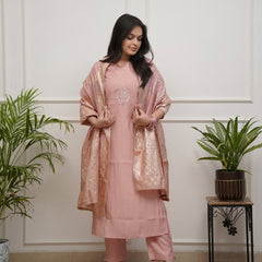 Women's PV Chanderi Embroidered Kurta with Pant & Cotton Jacquard Dupatta Set