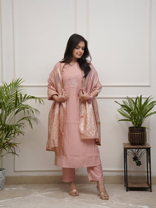 Women's PV Chanderi Embroidered Kurta with Pant & Cotton Jacquard Dupatta Set