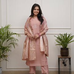 Women's PV Chanderi Embroidered Kurta with Pant & Cotton Jacquard Dupatta Set