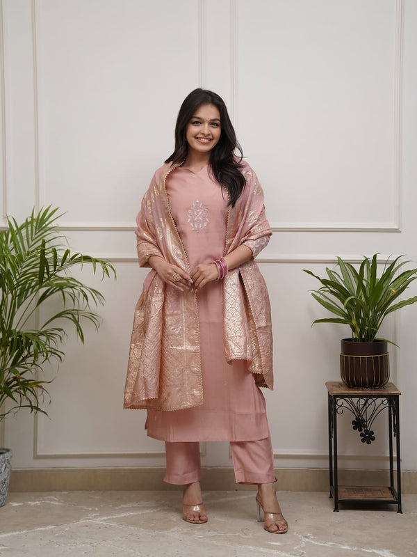 Women's PV Chanderi Embroidered Kurta with Pant & Cotton Jacquard Dupatta Set