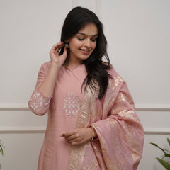 Women's PV Chanderi Embroidered Kurta with Pant & Cotton Jacquard Dupatta Set