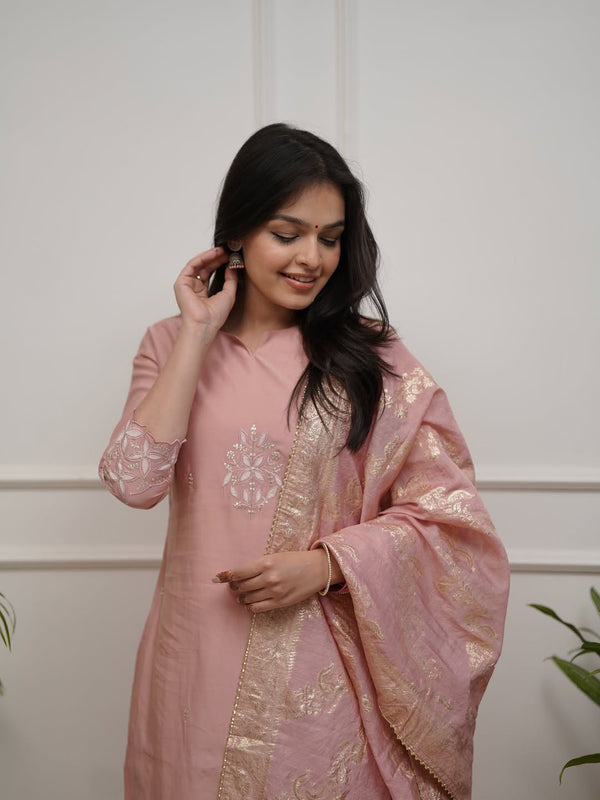 Women's PV Chanderi Embroidered Kurta with Pant & Cotton Jacquard Dupatta Set