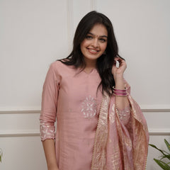 Women's PV Chanderi Embroidered Kurta with Pant & Cotton Jacquard Dupatta Set