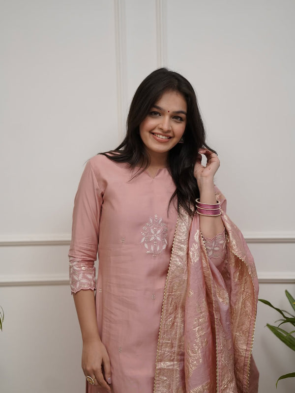 Women's PV Chanderi Embroidered Kurta with Pant & Cotton Jacquard Dupatta Set