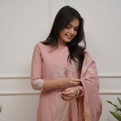 Women's PV Chanderi Embroidered Kurta with Pant & Cotton Jacquard Dupatta Set