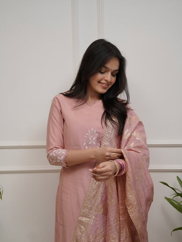 Women's PV Chanderi Embroidered Kurta with Pant & Cotton Jacquard Dupatta Set