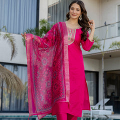 Women's Chanderi Cotton Embroidered Kurta Pant & Jacquard Organza Dupatta Set