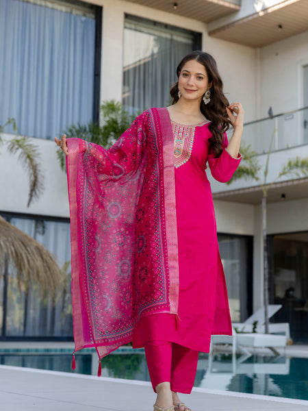 Women's Chanderi Cotton Embroidered Kurta Pant & Jacquard Organza Dupatta Set