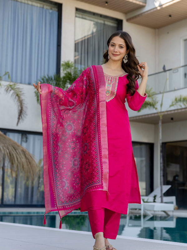Women's Chanderi Cotton Embroidered Kurta Pant & Jacquard Organza Dupatta Set
