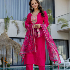 Women's Chanderi Cotton Embroidered Kurta Pant & Jacquard Organza Dupatta Set