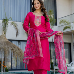 Women's Chanderi Cotton Embroidered Kurta Pant & Jacquard Organza Dupatta Set