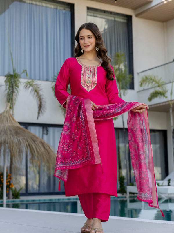 Women's Chanderi Cotton Embroidered Kurta Pant & Jacquard Organza Dupatta Set
