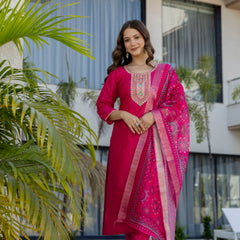 Women's Chanderi Cotton Embroidered Kurta Pant & Jacquard Organza Dupatta Set