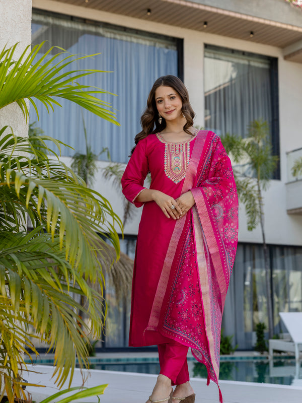 Women's Chanderi Cotton Embroidered Kurta Pant & Jacquard Organza Dupatta Set