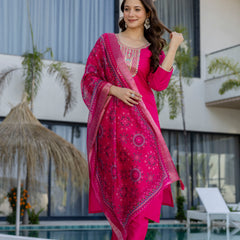 Women's Chanderi Cotton Embroidered Kurta Pant & Jacquard Organza Dupatta Set