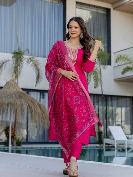 Women's Chanderi Cotton Embroidered Kurta Pant & Jacquard Organza Dupatta Set