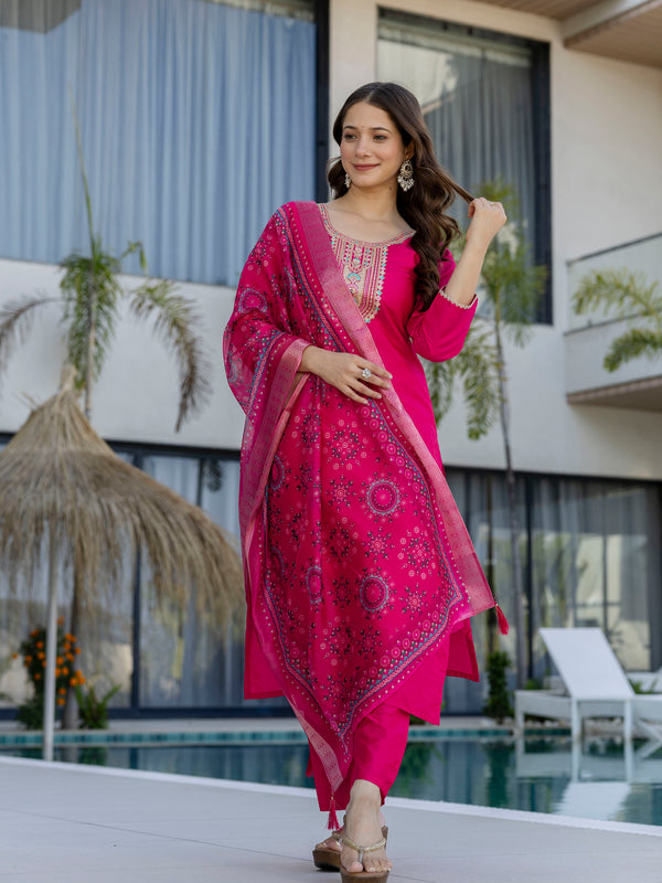 Women's Chanderi Cotton Embroidered Kurta Pant & Jacquard Organza Dupatta Set