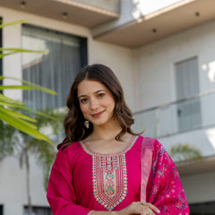 Women's Chanderi Cotton Embroidered Kurta Pant & Jacquard Organza Dupatta Set