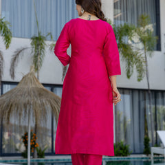 Women's Chanderi Cotton Embroidered Kurta Pant & Jacquard Organza Dupatta Set