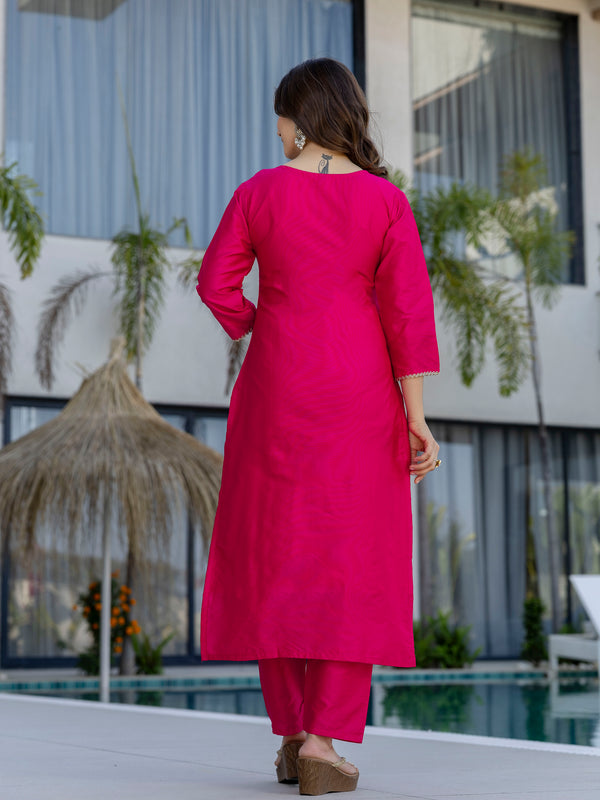Women's Chanderi Cotton Embroidered Kurta Pant & Jacquard Organza Dupatta Set
