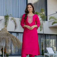 Women's Chanderi Cotton Embroidered Kurta Pant & Jacquard Organza Dupatta Set