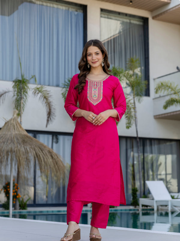 Women's Chanderi Cotton Embroidered Kurta Pant & Jacquard Organza Dupatta Set