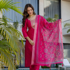 Women's Chanderi Cotton Embroidered Kurta Pant & Jacquard Organza Dupatta Set