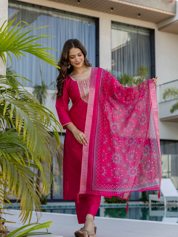 Women's Chanderi Cotton Embroidered Kurta Pant & Jacquard Organza Dupatta Set