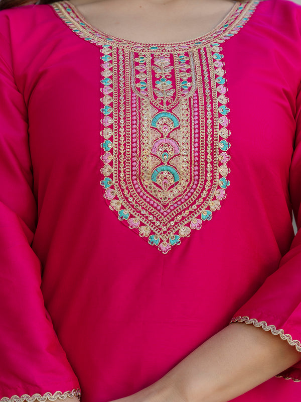 Women's Chanderi Cotton Embroidered Kurta Pant & Jacquard Organza Dupatta Set