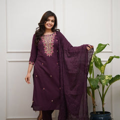 Women's Rayon Slub Embroidered Kurta Pant & Chanderi Cotton Dupatta Set