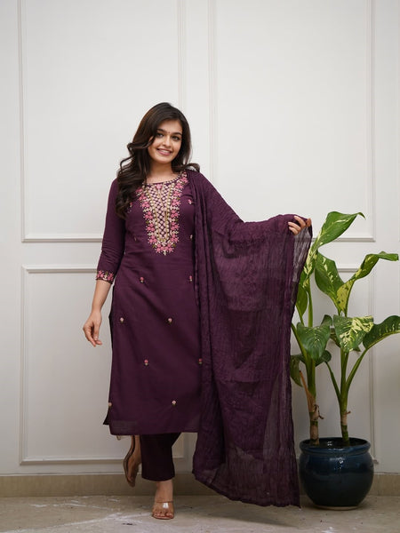 Women's Rayon Slub Embroidered Kurta Pant & Chanderi Cotton Dupatta Set